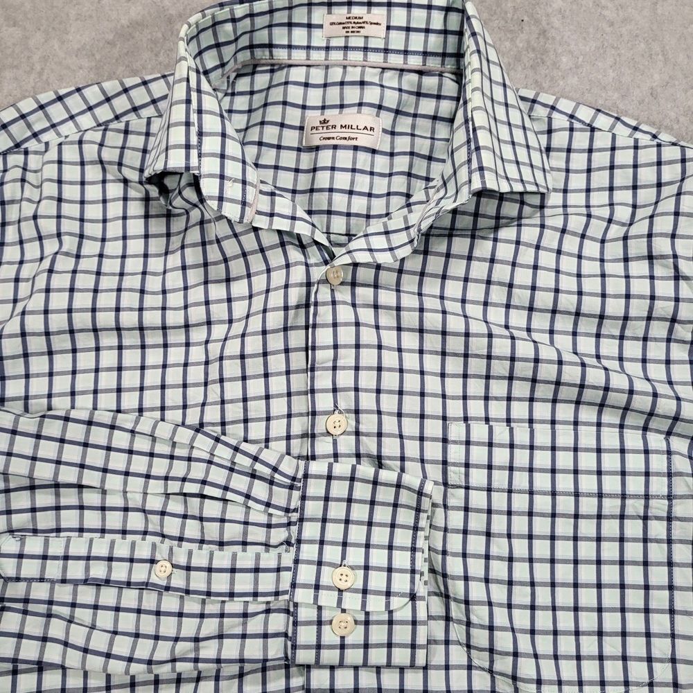 Peter Millar Crown Comfort‎ Mens Medium Blue Check Long Sleeve Button Up Shirt